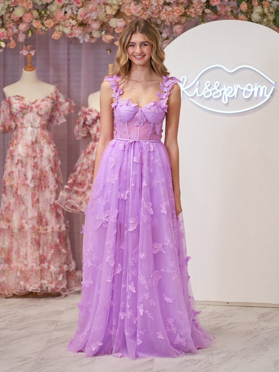 A-line Butterfly Lace Corset Prom Dresses with Slit