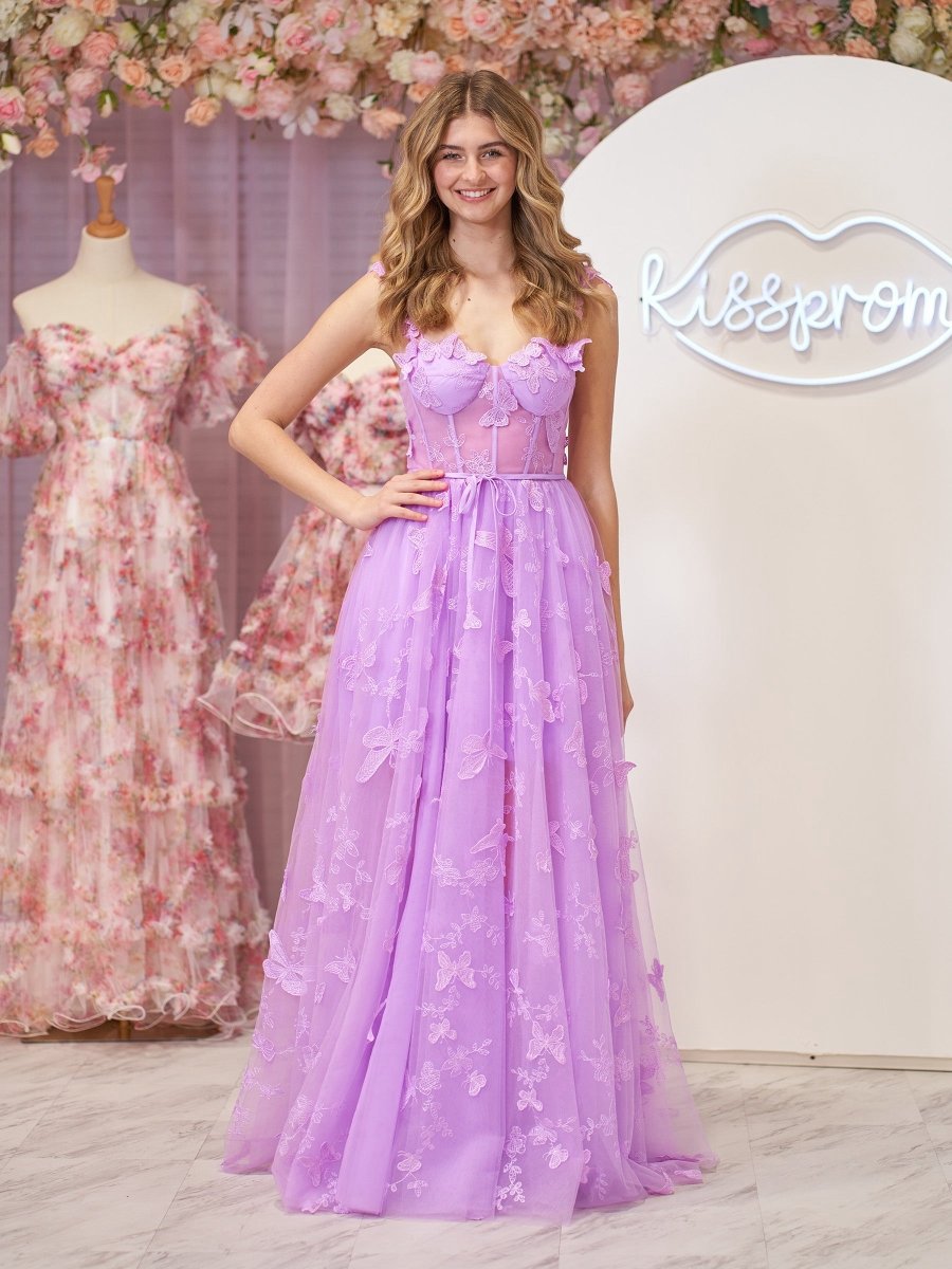 A-line Butterfly Lace Corset Prom Dresses with Slit