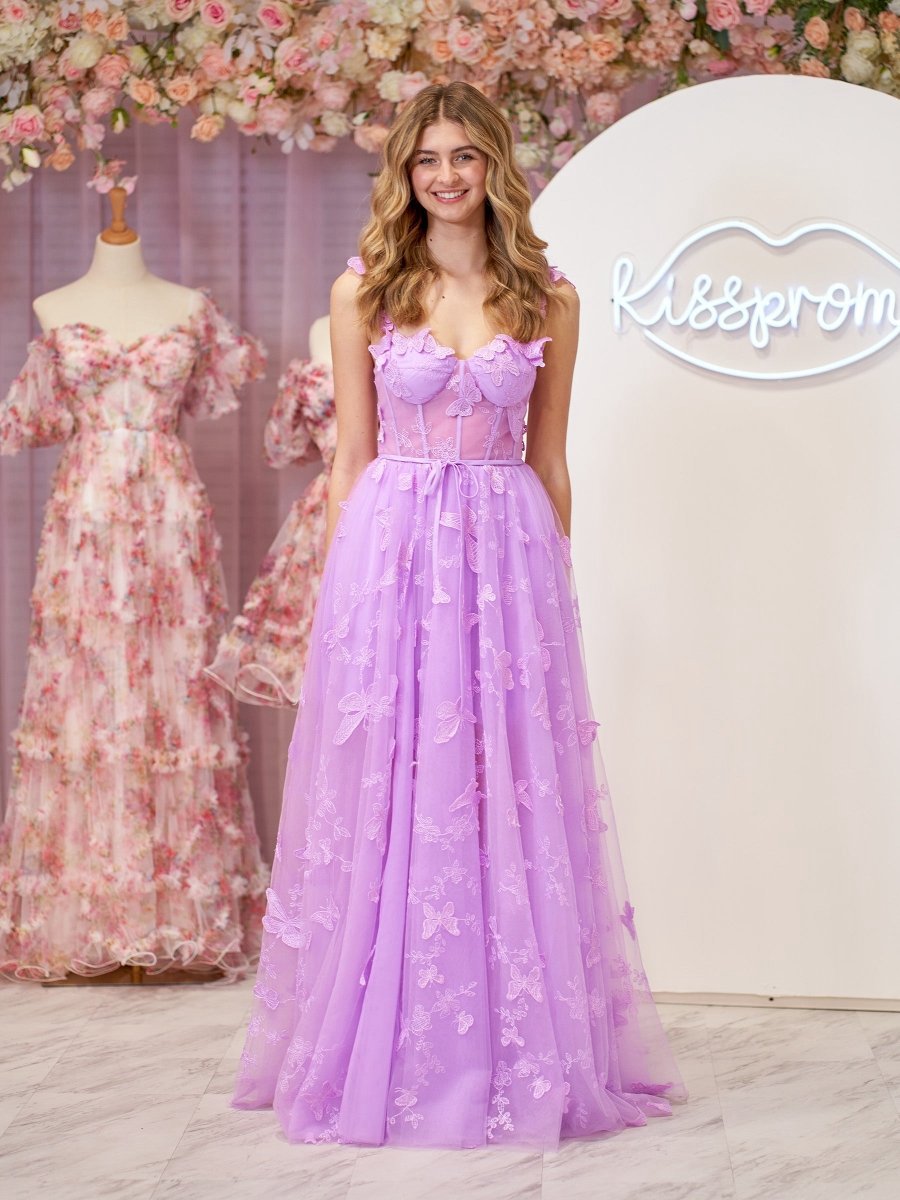 A-line Butterfly Lace Corset Prom Dresses with Slit