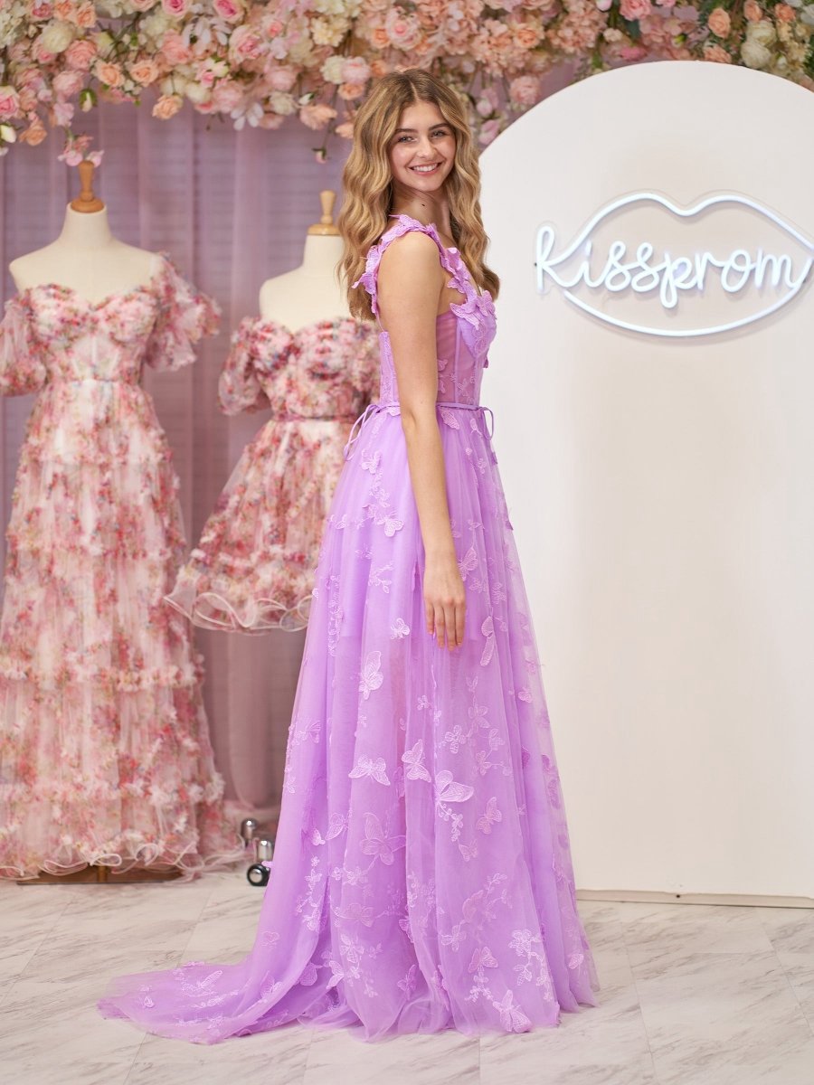 A-line Butterfly Lace Corset Prom Dresses with Slit