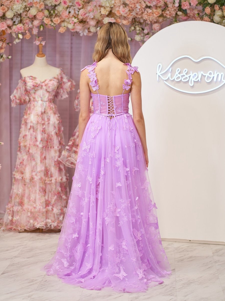 A-line Butterfly Lace Corset Prom Dresses with Slit