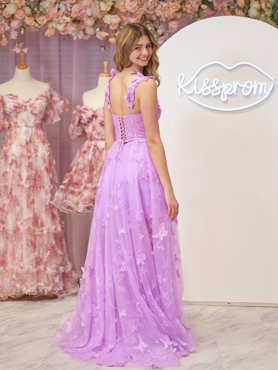 A-line Butterfly Lace Corset Prom Dresses with Slit