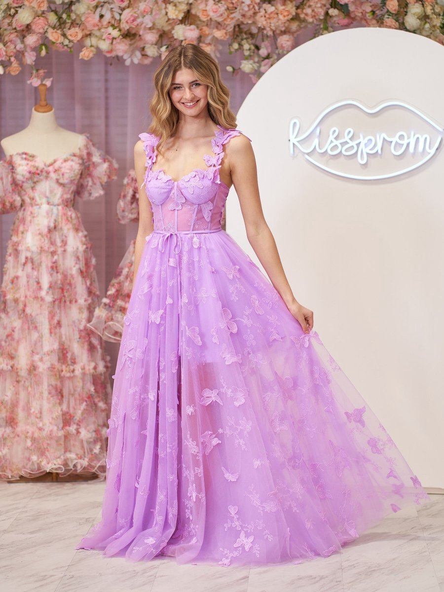 A-line Butterfly Lace Corset Prom Dresses with Slit