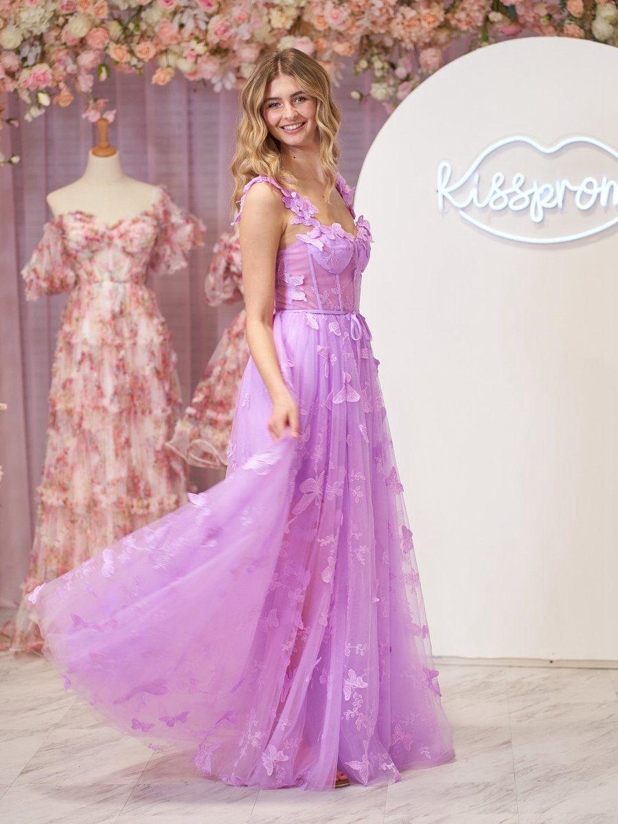A-line Butterfly Lace Corset Prom Dresses with Slit