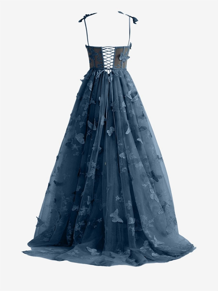 A-line Butterfly Lace Corset Prom Dresses with Slit