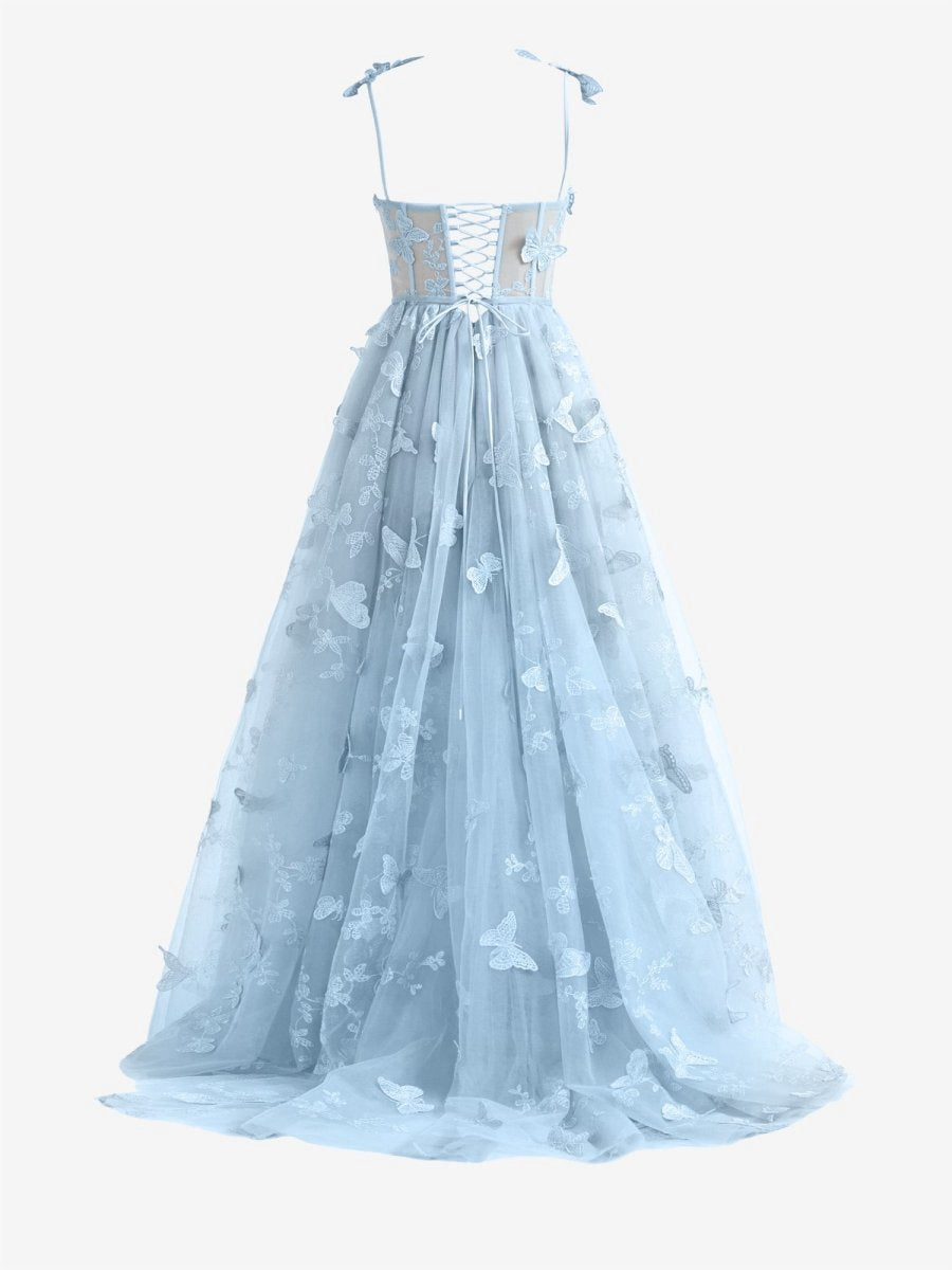 A-line Butterfly Lace Corset Prom Dresses with Slit