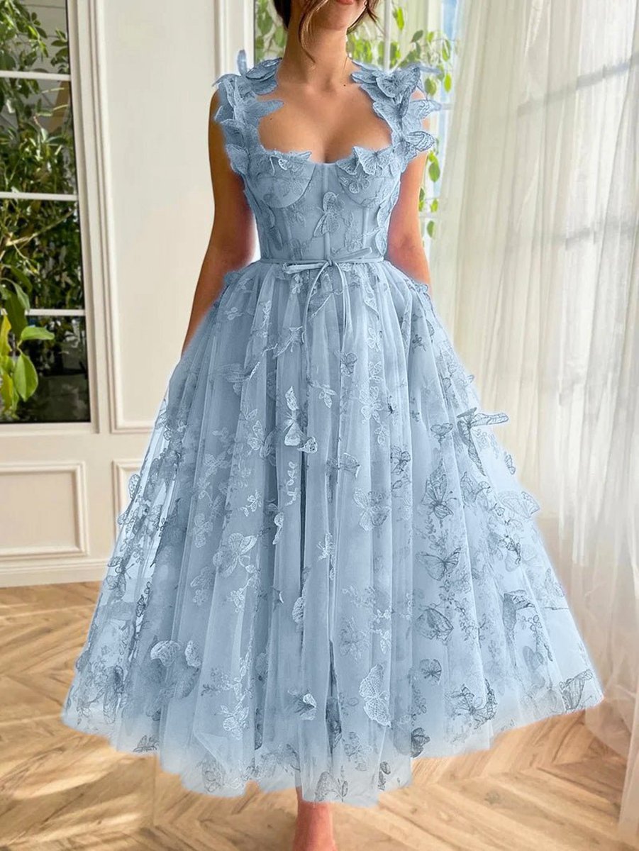 A-line Butterfly Lace Corset Prom Dresses with Slit