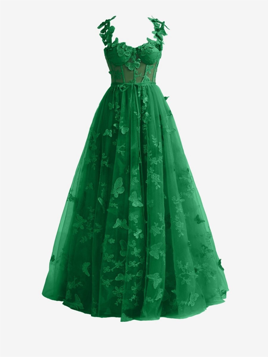 A-line Butterfly Lace Corset Prom Dresses with Slit
