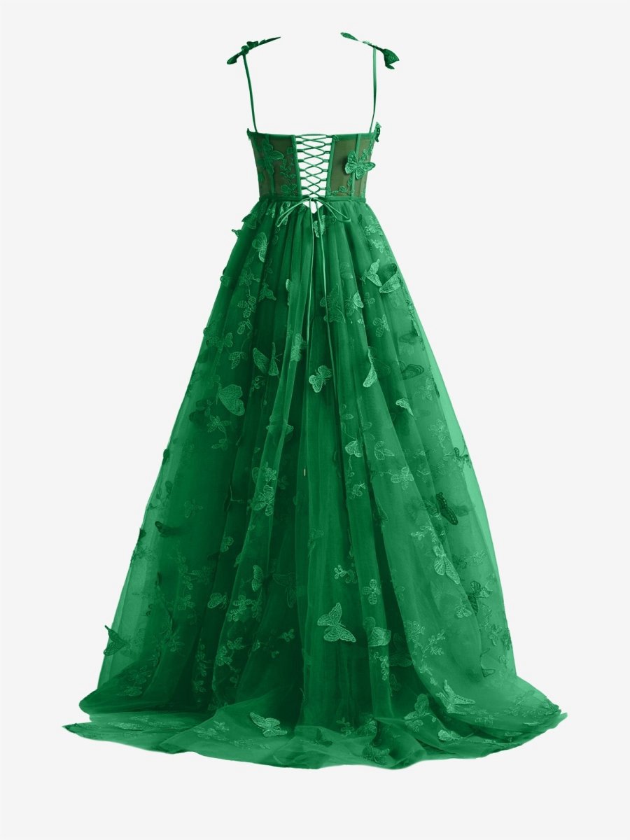 A-line Butterfly Lace Corset Prom Dresses with Slit