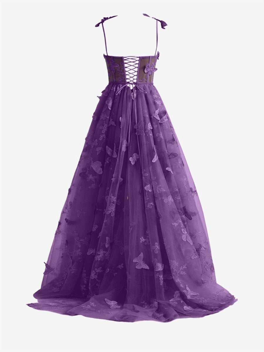 A-line Butterfly Lace Corset Prom Dresses with Slit