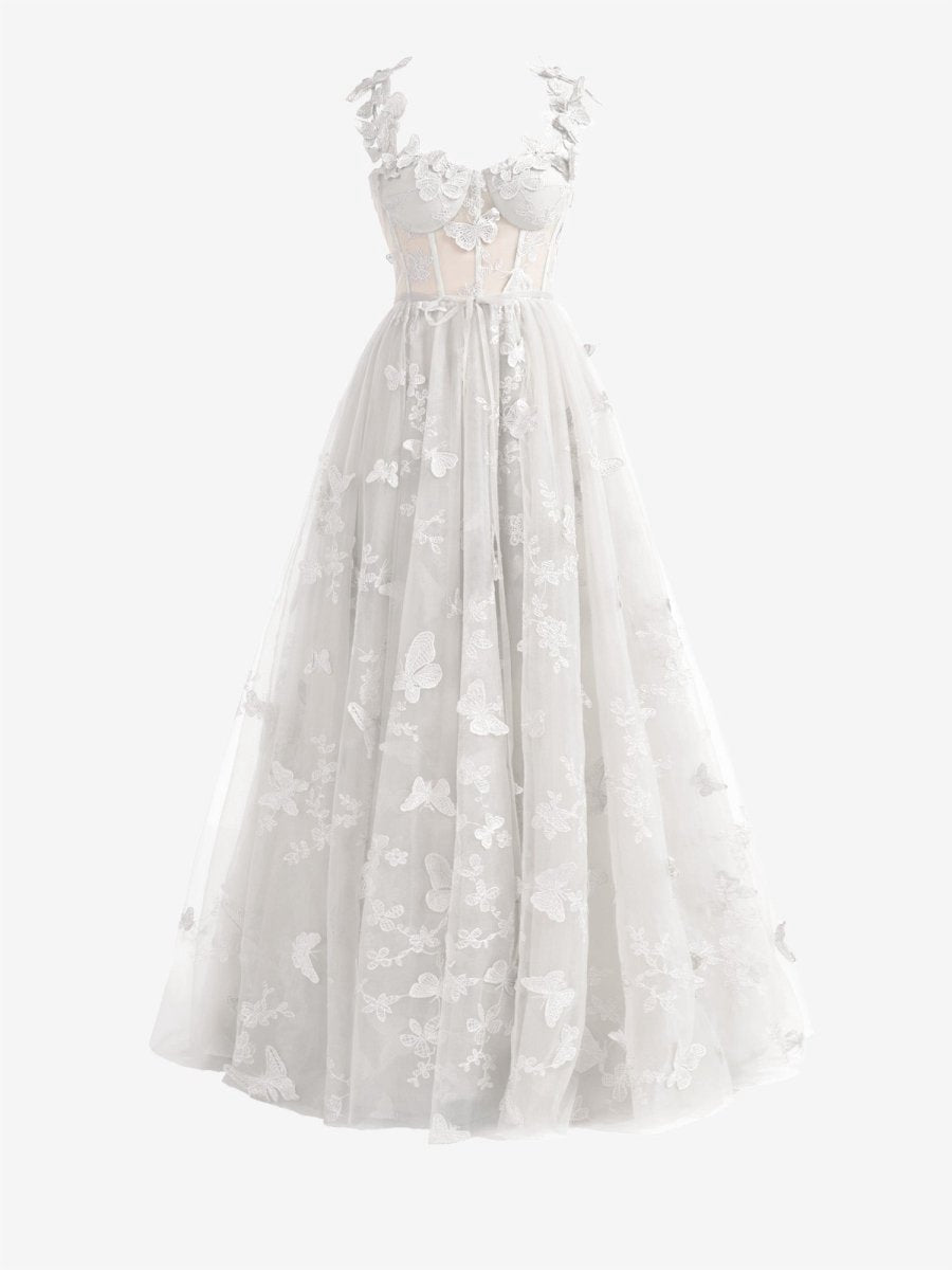 A-line Butterfly Lace Corset Prom Dresses with Slit