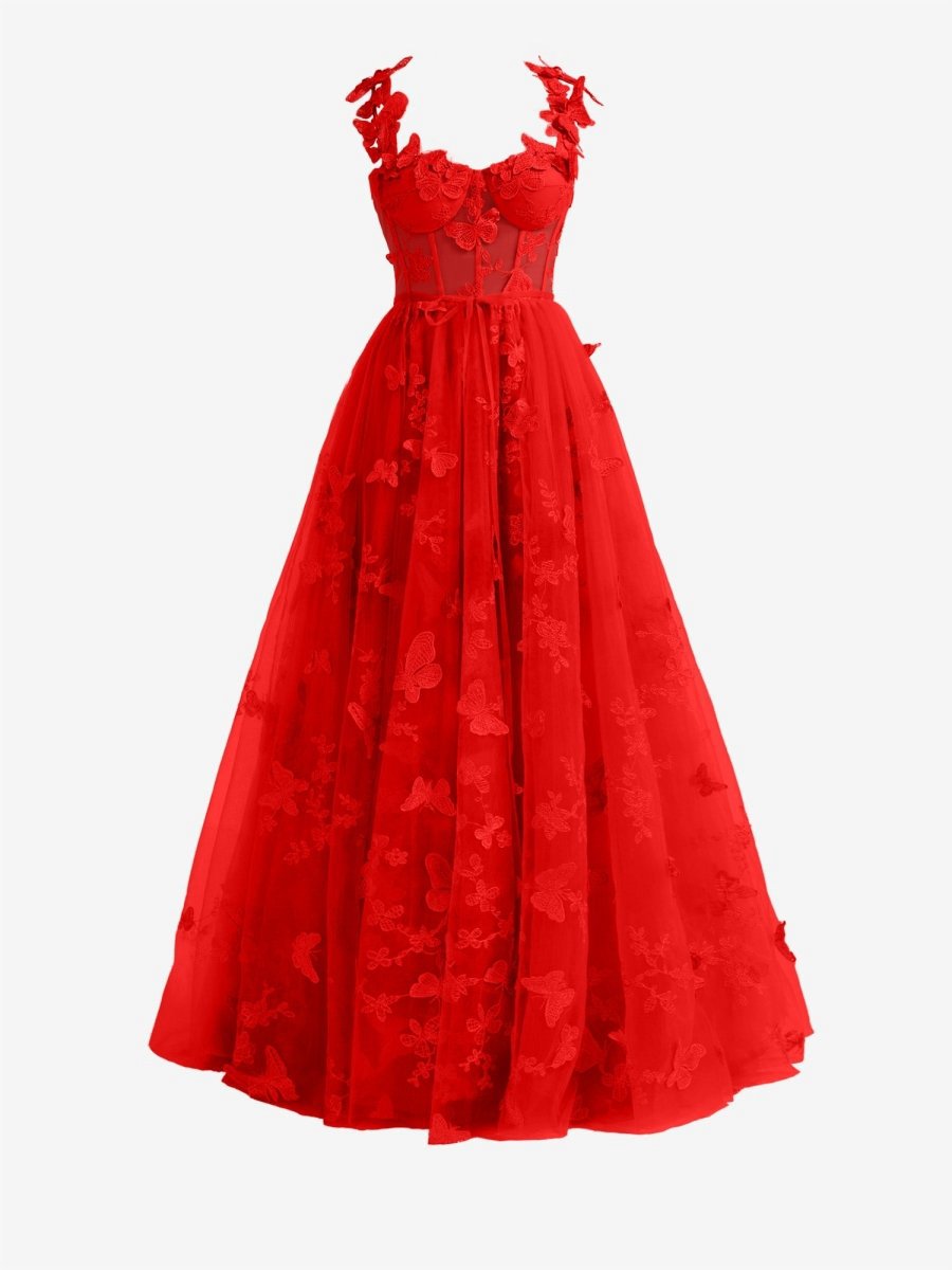 A-line Butterfly Lace Corset Prom Dresses with Slit