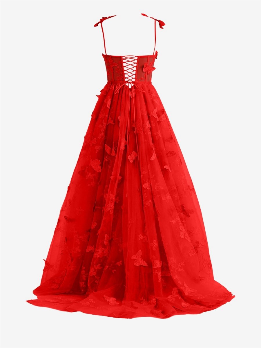 A-line Butterfly Lace Corset Prom Dresses with Slit