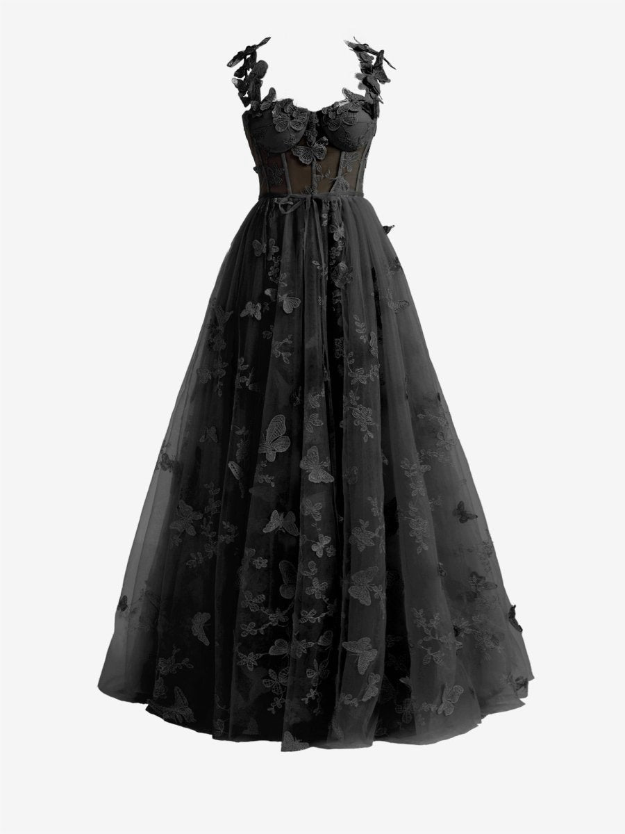 A-line Butterfly Lace Corset Prom Dresses with Slit