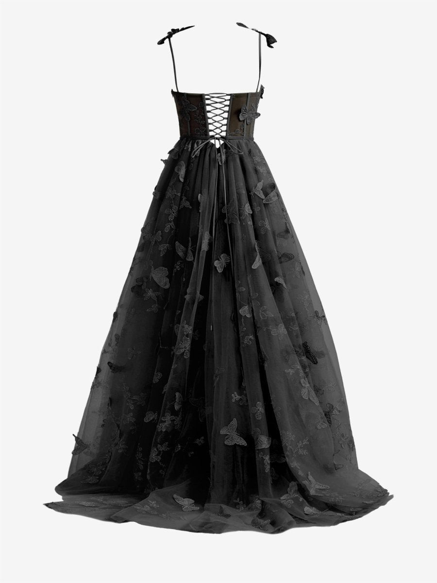 A-line Butterfly Lace Corset Prom Dresses with Slit