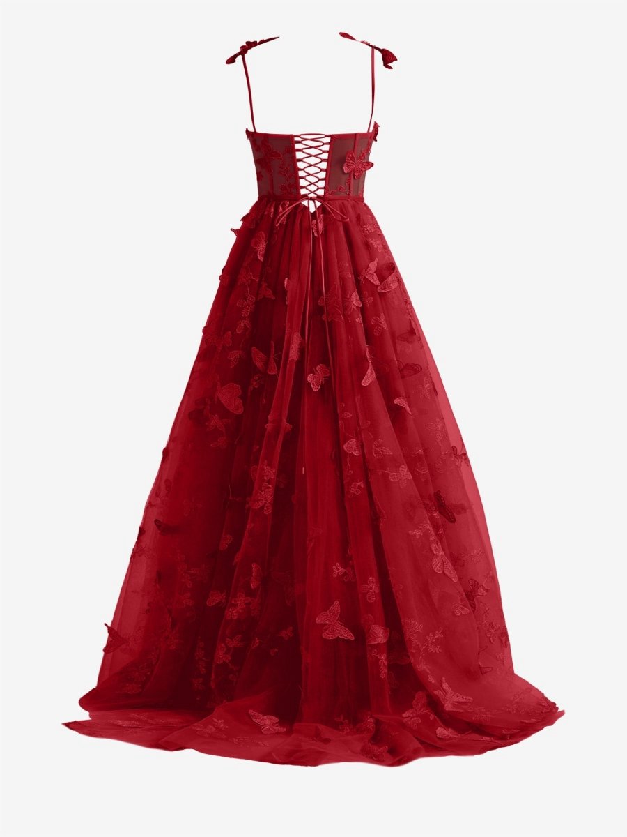 A-line Butterfly Lace Corset Prom Dresses with Slit