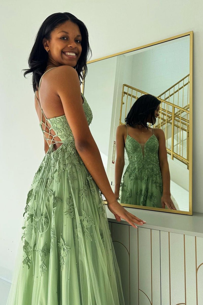 Sage V Neck Tulle A-line Long Prom Dresses with Appliques