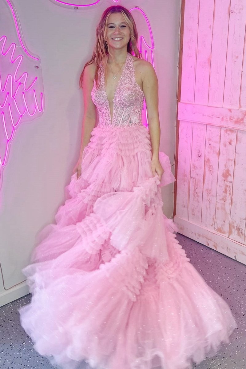Tulle Appliques Halter Ruffle Tie Ball Gown
