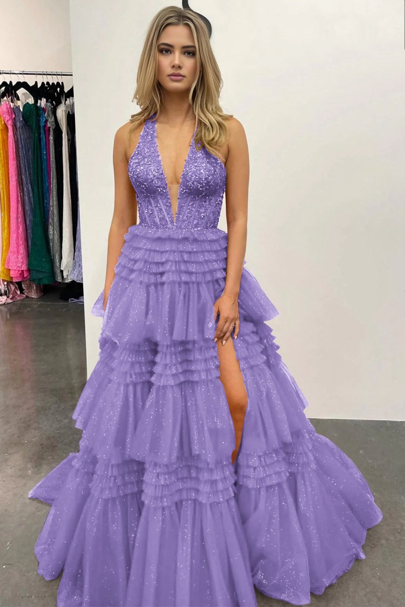 Tulle Appliques Halter Ruffle Tie Ball Gown