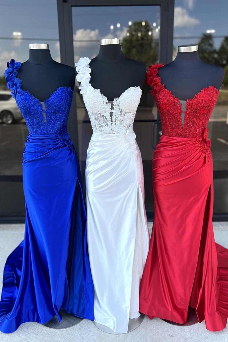 One-Shoulder 3D Floral Lace Pleated Long Gown with Slit