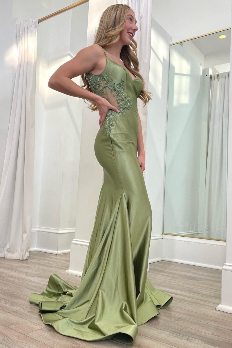 Sage Spaghetti Strap Backless Trumpet Long Gown