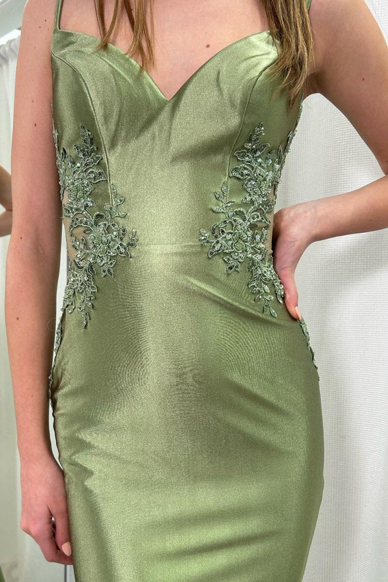 Sage Spaghetti Strap Backless Trumpet Long Gown