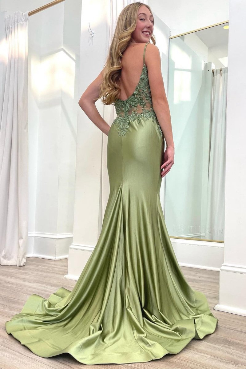 Sage Spaghetti Strap Backless Trumpet Long Gown