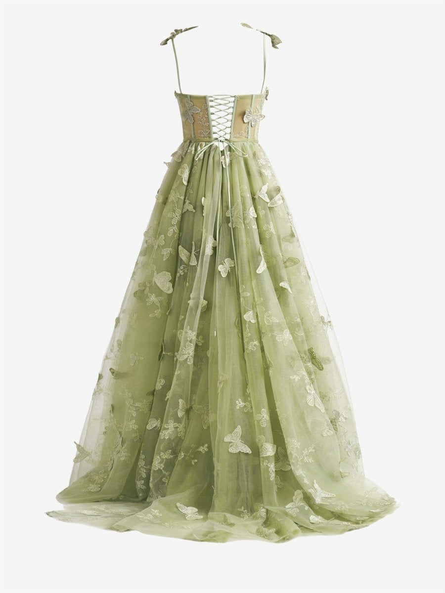 A-line Butterfly Lace Corset Prom Dresses with Slit