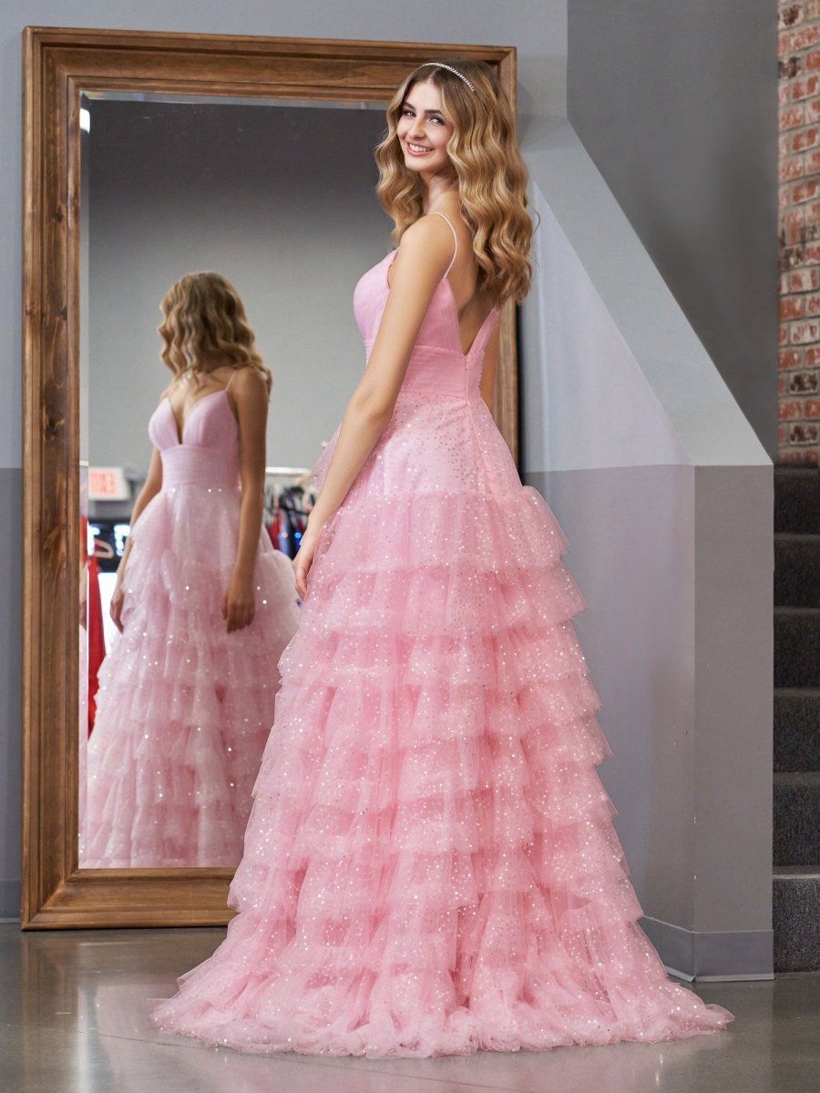 A-line Tie Spaghetti Straps Tulle Prom Dresses