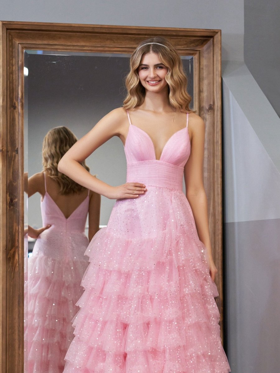 A-line Tie Spaghetti Straps Tulle Prom Dresses