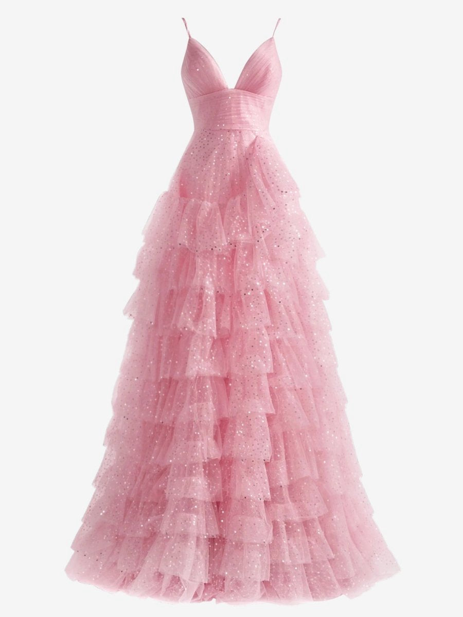 A-line Tie Spaghetti Straps Tulle Prom Dresses