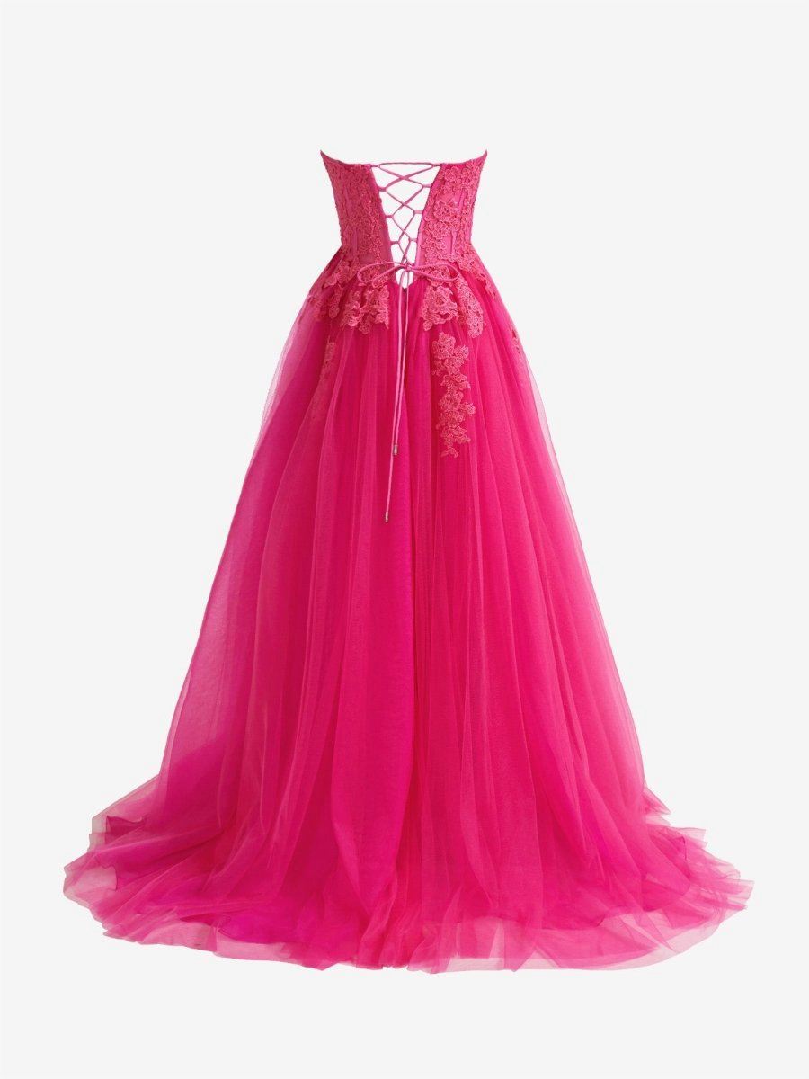 A-line Tulle Lace Strapless Long Prom Dresses