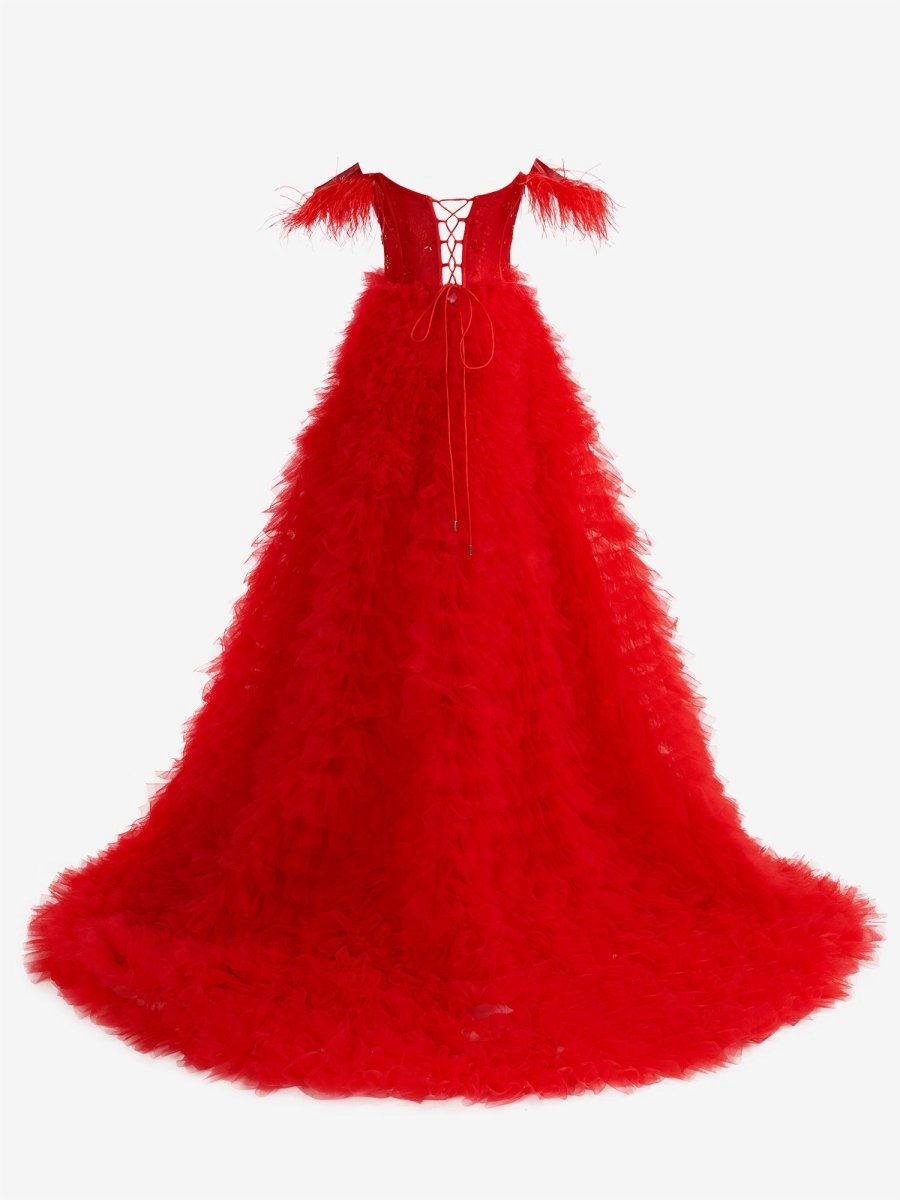 A-line Sweetheart Tie Tulle Long Prom Dresses with Slit
