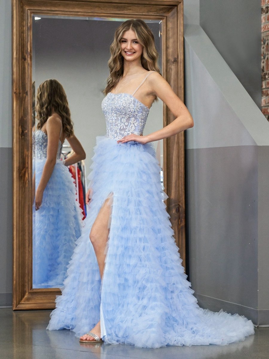 A-line Tie Sequins Tulle Long Prom Dresses
