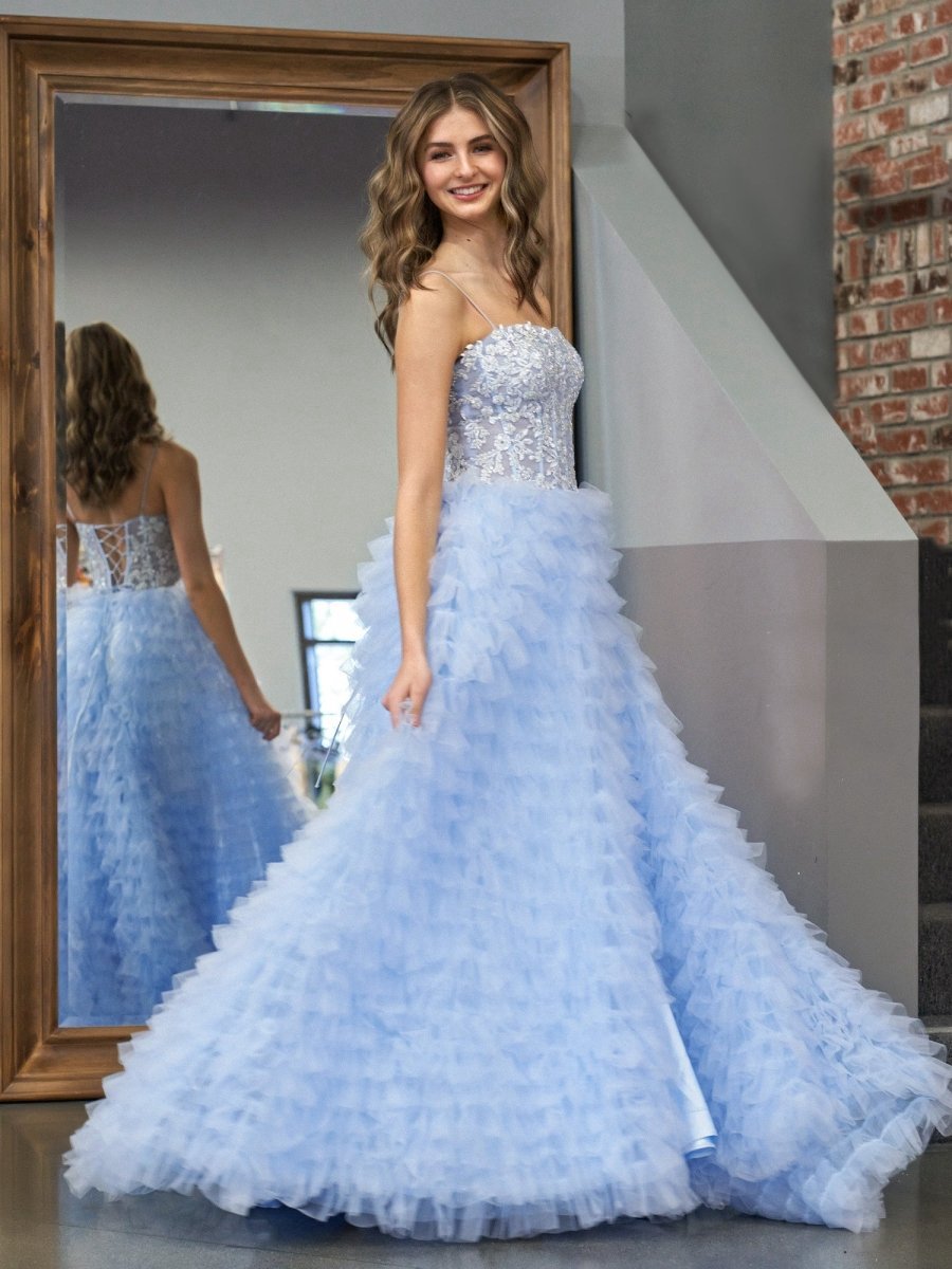 A-line Tie Sequins Tulle Long Prom Dresses