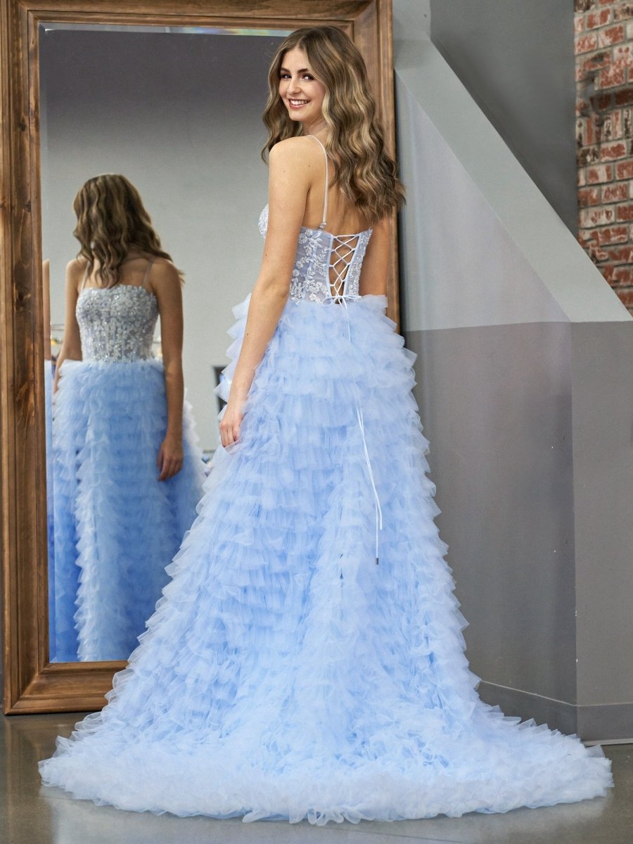A-line Tie Sequins Tulle Long Prom Dresses