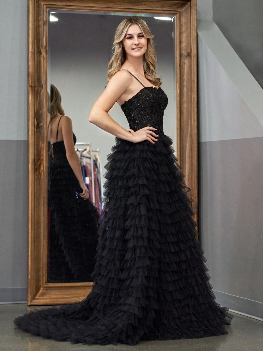 A-line Tie Sequins Tulle Long Prom Dresses