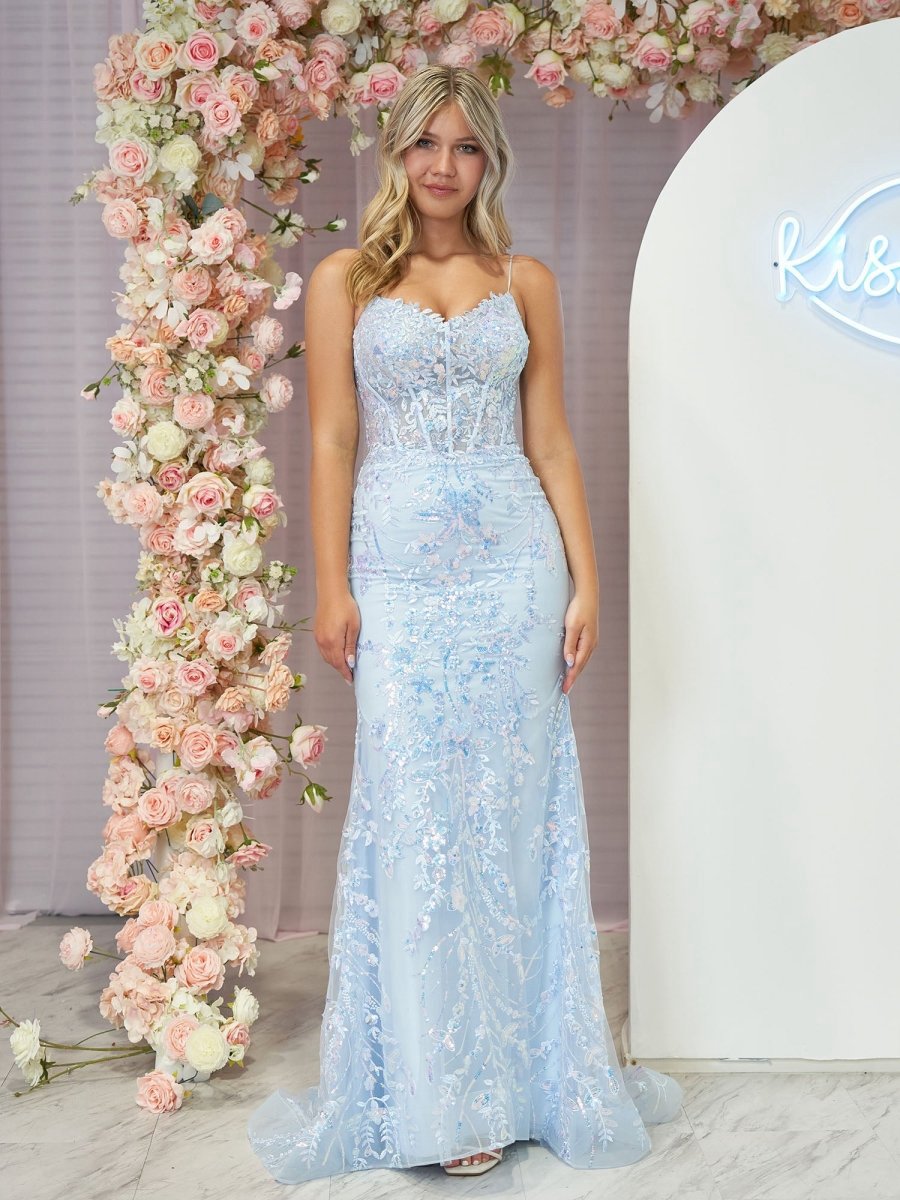 Straps V-Neck Sequin Appliques Mermaid Prom Dresses