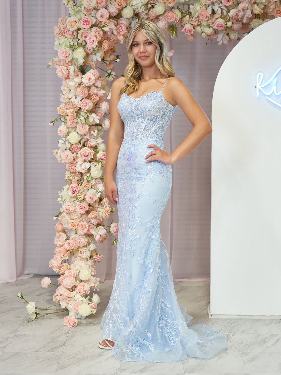 Straps V-Neck Sequin Appliques Mermaid Prom Dresses