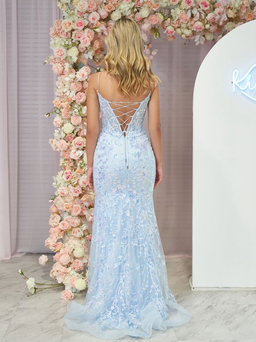 Straps V-Neck Sequin Appliques Mermaid Prom Dresses