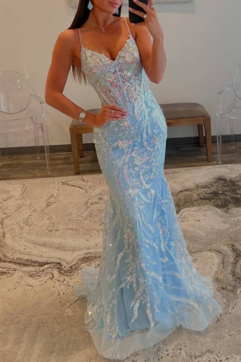 Straps V-Neck Sequin Appliques Mermaid Prom Dresses