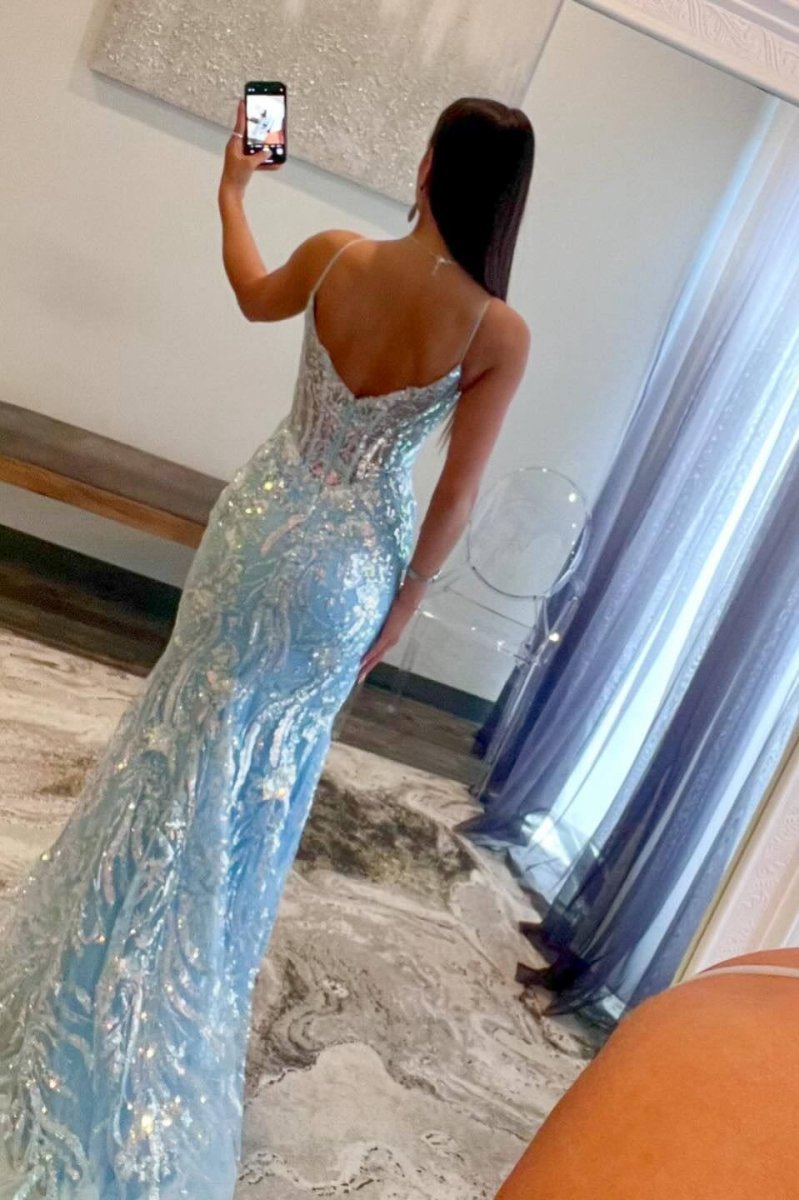 Straps V-Neck Sequin Appliques Mermaid Prom Dresses