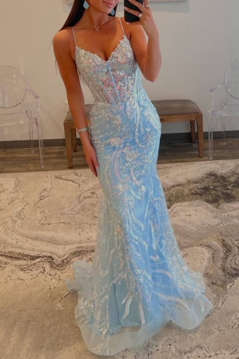 Straps V-Neck Sequin Appliques Mermaid Prom Dresses