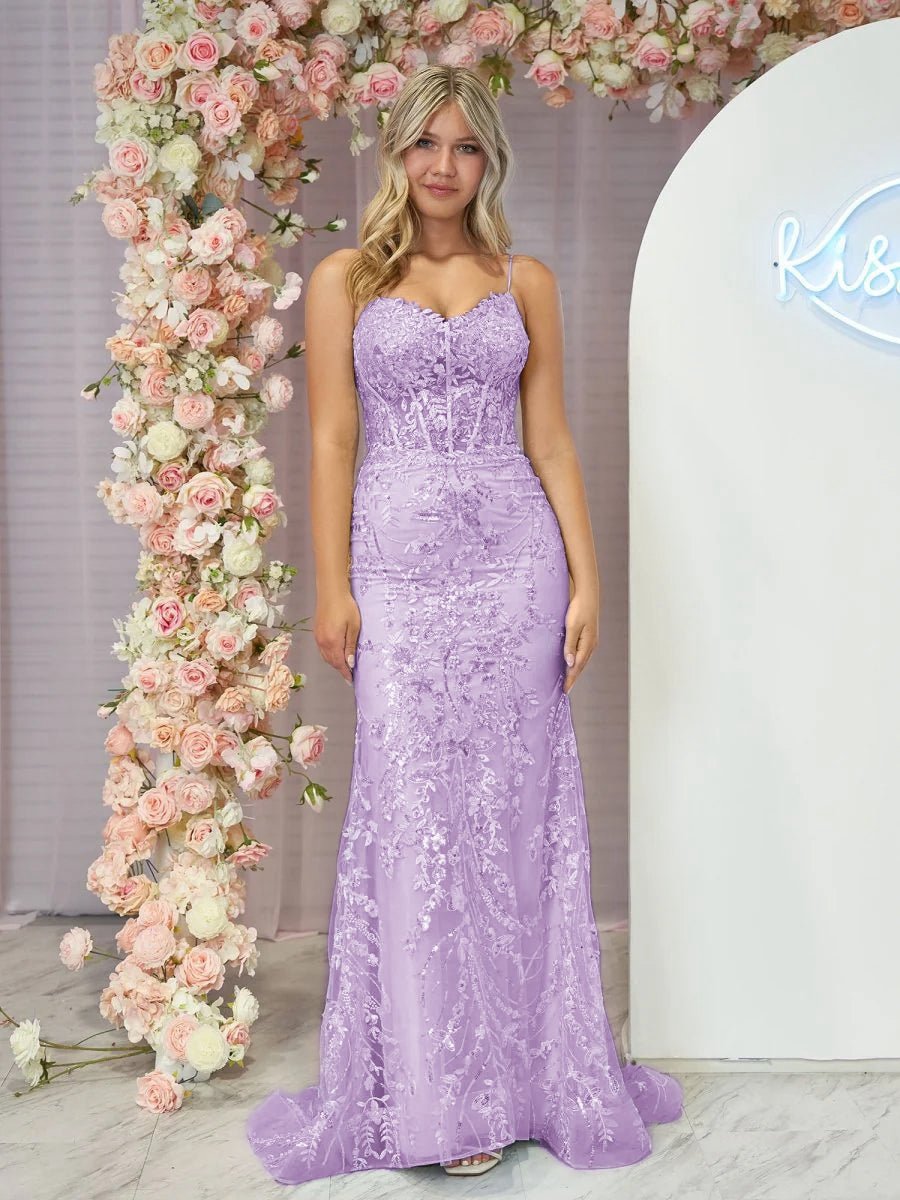 Straps V-Neck Sequin Appliques Mermaid Prom Dresses