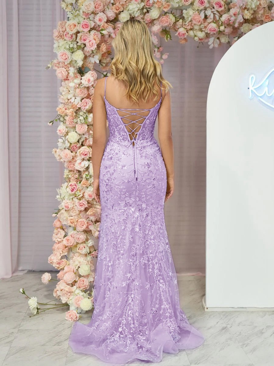 Straps V-Neck Sequin Appliques Mermaid Prom Dresses