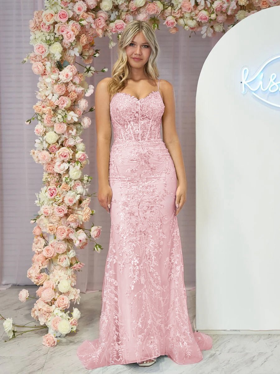 Straps V-Neck Sequin Appliques Mermaid Prom Dresses