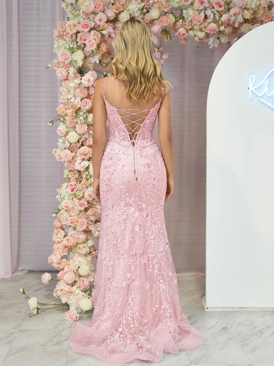Straps V-Neck Sequin Appliques Mermaid Prom Dresses