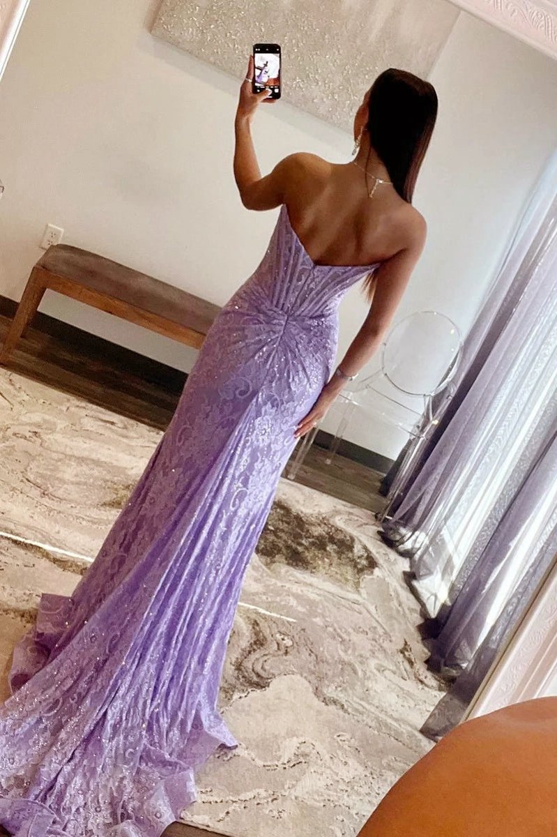 Strapless Lace Ruched Mermaid Prom Dresses with Slit