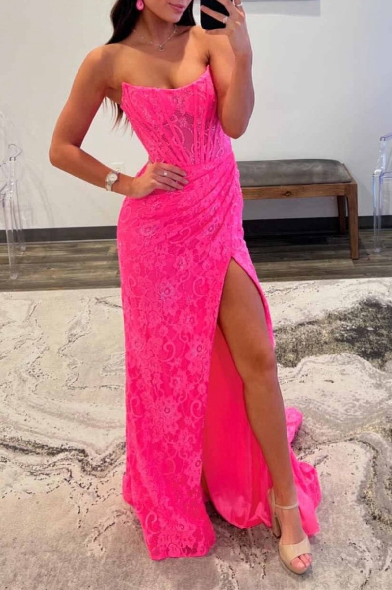 Strapless Lace Ruched Mermaid Prom Dresses with Slit