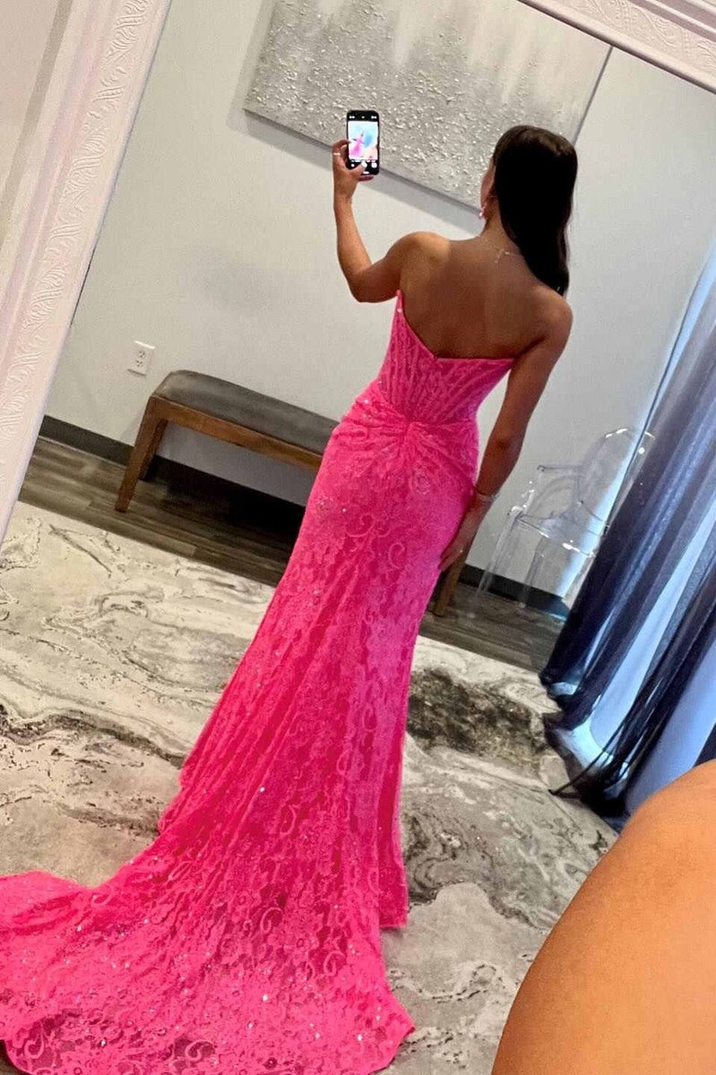 Strapless Lace Ruched Mermaid Prom Dresses with Slit